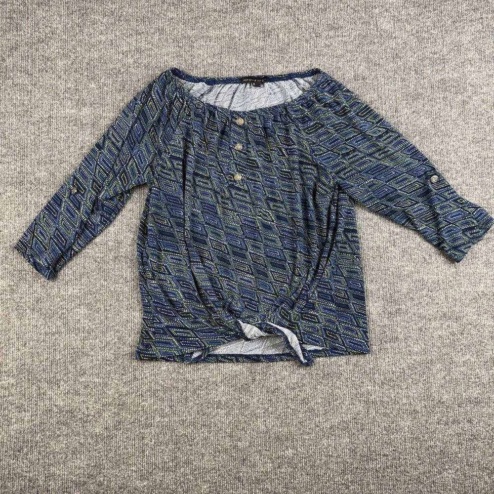 Adrienne Vittadini Blouse Womens Small Blue Geometric Boatneck Roll Tab 3/4